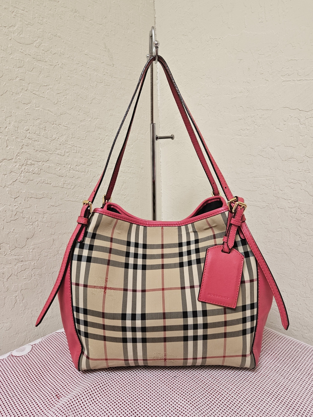 Burberry Dark Pink Tan Check Haymarket Canterbury Tote Bag AUTHENTIC